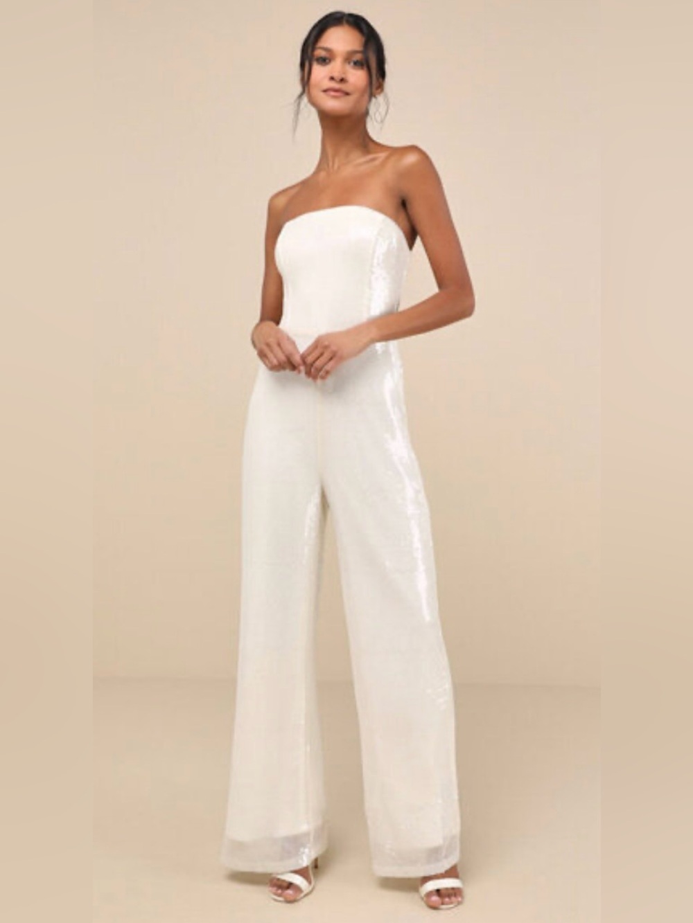 Lulu's elegant women’s Strapless Wide-Leg Jumpsuit in White size S